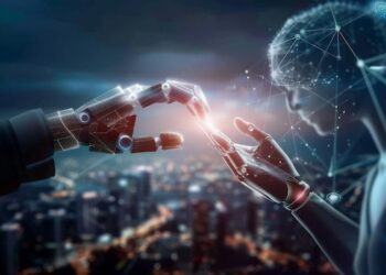 Robot and human hand touching on network connection | Premium AI ...